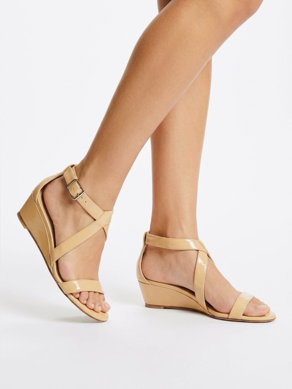 DELMAM Italian Glossy Beige Cream & Tan Neutral Patent Leather Wedge Sandals
